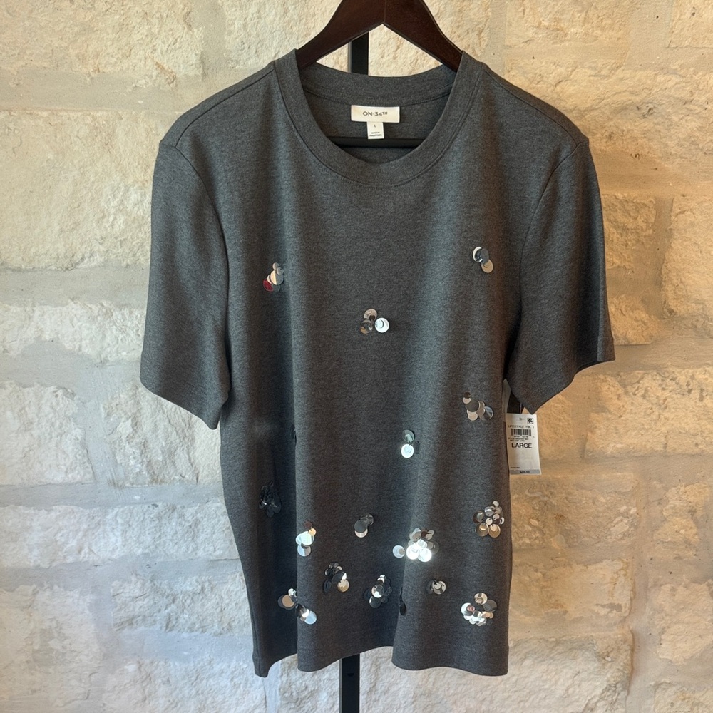 Chic Gray Sequin Short Sleeve Tee - Women’s soft top.